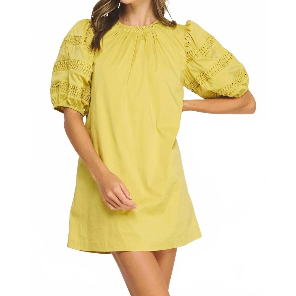 NEW STRUT & BOLT reverse pintuck puff sleeve mini dress in chartreuse